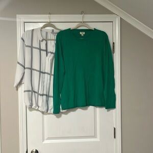 Shirt/sweater bundle. Green J Crew sweater and black & white 41 Hawthorn blouse.